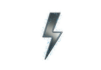 Isolated shiny metallic silver lightning bolt symbol with glowing outlines & water particles