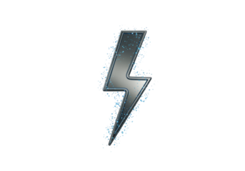 Isolated shiny metallic silver lightning bolt symbol with glowing outlines & water particles