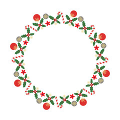 Elegant Merry Christmas Wreath Design with Holly Leaves, Red Berries, and Snowflakes.