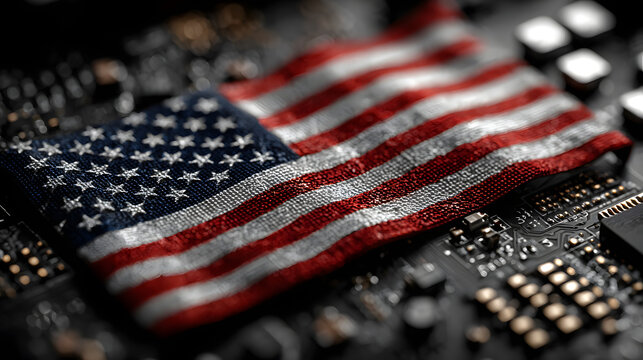 American Flag imposed over Motherboard, National Security and cybersecurity and technology background
