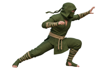 Isolated ninja warrior ready for combat, in fighting pose, wearing traditional green clothing
