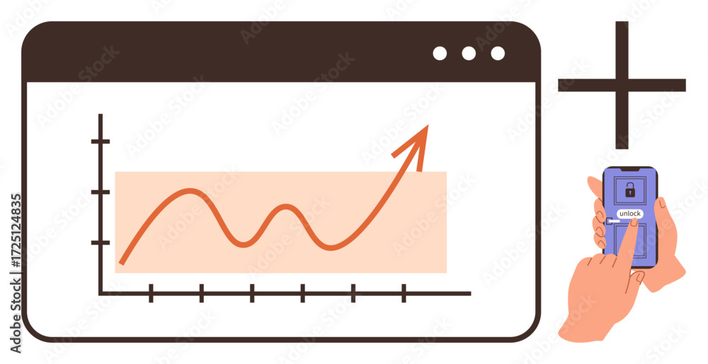 Poster increasing line graph on screen with progress theme, hand holding smartphone with lock pad. ideal fo