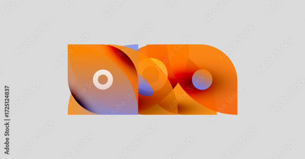 Poster abstract design features overlapping orange, purple shapes. circles accent composition, creating mod
