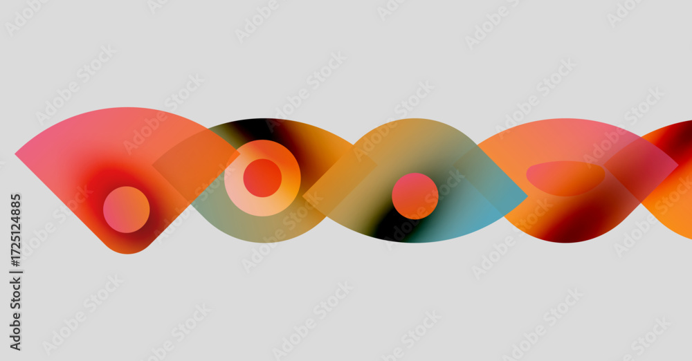 Poster abstract colorful shapes overlap, creating wave pattern. soft gradients blend orange, teal, pink hue