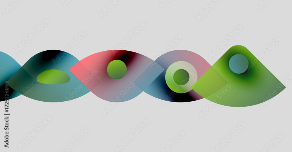 Poster abstract colorful shapes overlap, creating wavy pattern. soft gradients blend hues, forming dynamic 