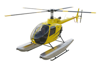Isolated Yellow Floatplane Helicopter, Water Landing, Ready to Fly, Above Ground, Close Up