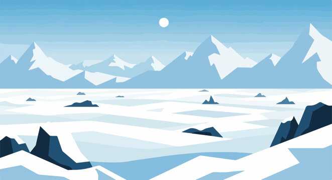 Icy landscape with white mountains and snow under cold sun. Winter scene in icy landscape, showing vast and frozen open spaces.