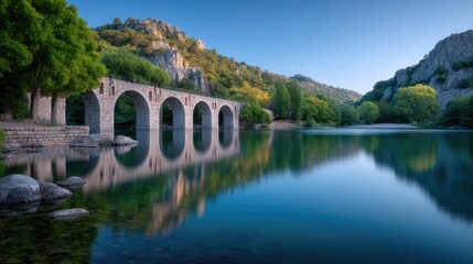 Scenic Stone Arch Bridge Reflecting in Calm River Water Against Mountain Backdrop with Blue Sky in Daylight