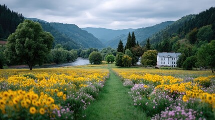 Scenic Sunflower Field with River and Mountains Under Cloudy Sky Landscape