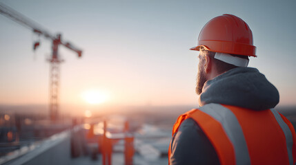 a construction worker gazing at the sunset, with a crane in the background. The worker is wearing an orange vest and helmet, set against a beautiful sunset
