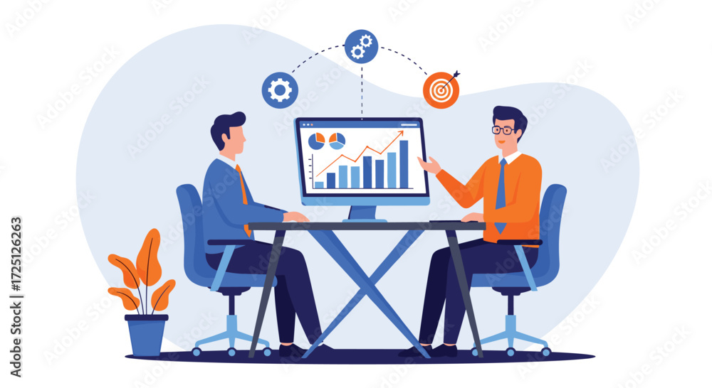 Poster business meeting with data analysis and growth charts on computer screen vector
