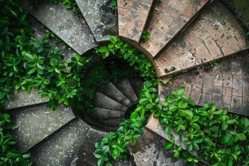 Green leaves creeping over an old spiral staircase made of stone and bricks, creating a scene of tranquility and abandonment