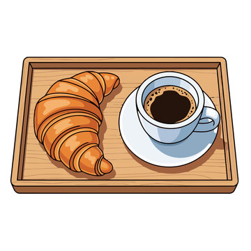 Croissant and cup coffee on wooden tray