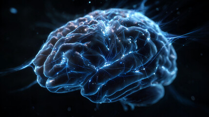 Obraz premium Realistic Human Brain Floating in Black Void with Glowing Neural Connections and Electric Blue Highlights – Sci-Fi Cinematic Style