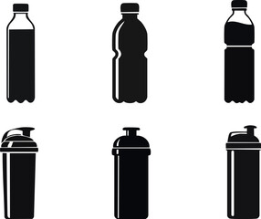 Obraz premium Silhouette of nutrition diet functional. Six silhouette bottles in various shapes, representing different beverage containers, such as water, soda, and protein shaker bottles.