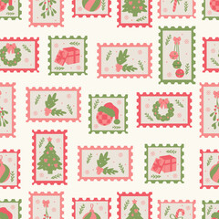 Christmas stamp card seamless pattern. Vintage postage stamps with Christmas tree, wreath, gift box, candy cane, holly, and mistletoe. Modern coquette design for wrapping paper, backgrounds, wallpaper