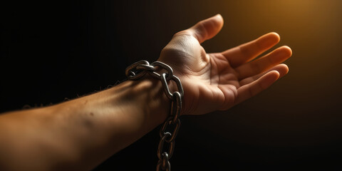 Hand with metal chain shackle reaching toward light, concept of freedom and struggle