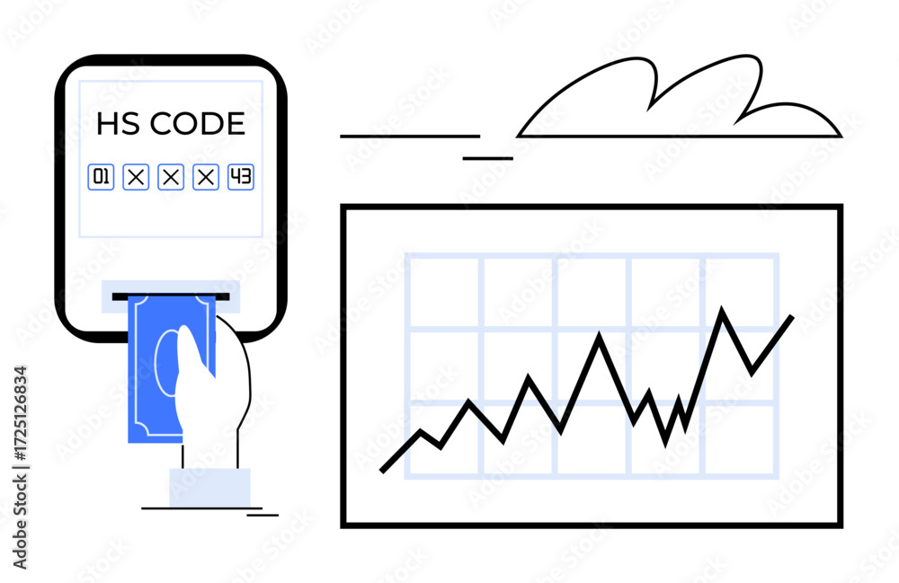 Aufkleber hand inserting card into hs code reader, connected to a rising graph chart with a cloud accent. idea