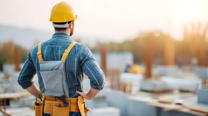 a construction worker looking at the project, and inspecting his work at a building site