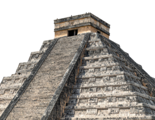 Close-up of a weathered stone pyramid's top levels, showing layered steps and a small temple-like structure atop