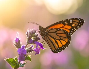 Monarch Butterfly on Purple Flower in Sunlight.