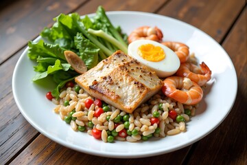 A plate of grilled fish, boiled egg, shrimp, rice, peas, and lettuce.