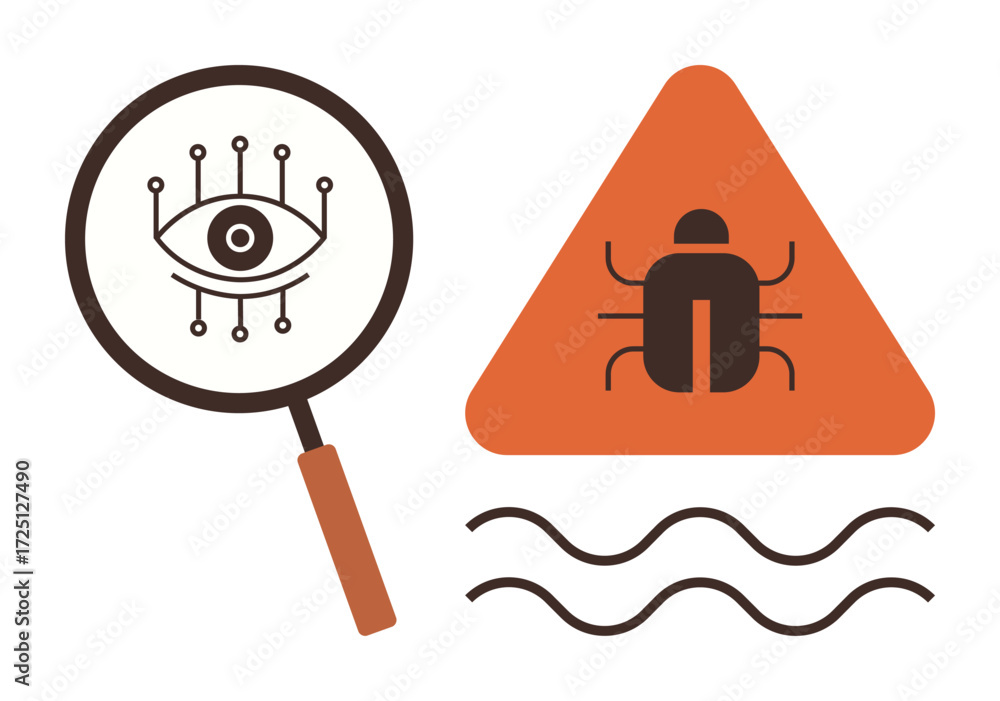 Poster magnifying glass with an eye over circuitry beside a warning triangle with an insect highlights malw