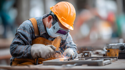 A skilled welder meticulously working on metal, showcasing craftsmanship and industrial expertise