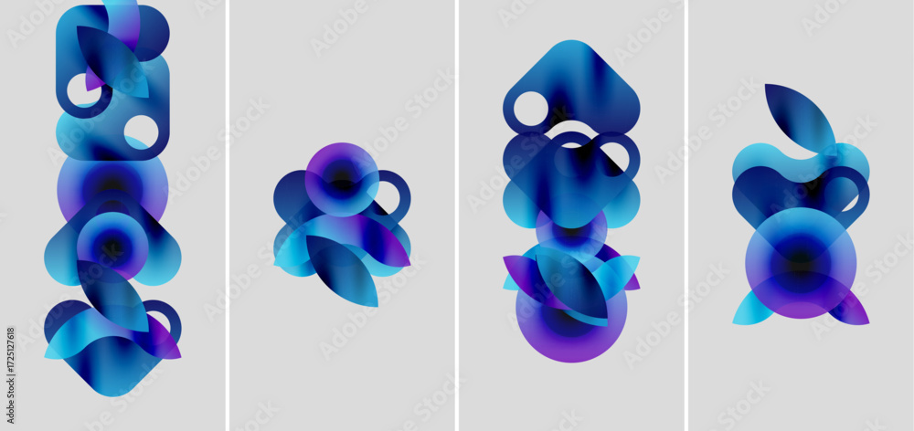 Poster Abstract blue shapes overlap, creating fluid forms. Gradient colors suggest depth, light interplay within compositions. Minimalist design.