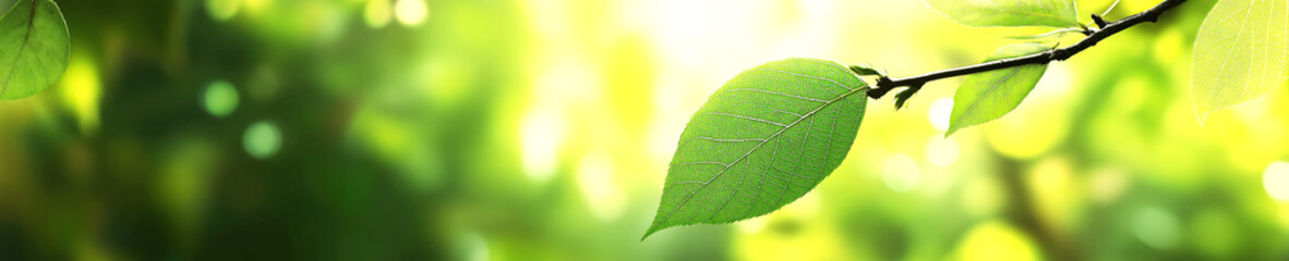 fresh green leaf growing on a tree branch in the forest in spring on sunny day. Wide panoramic background