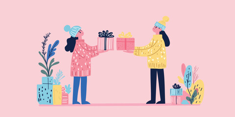 Vector illustration friends giving presents in festive atmosphere