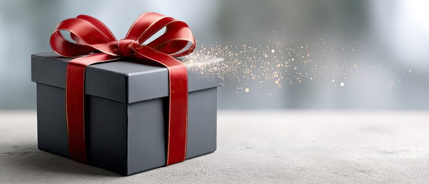 A stylish black gift box adorned with a red ribbon sits on a light surface, attracting attention with glittering particles around it