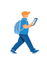 Vector illustration schoolboy walking while using smartphone