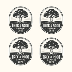Obraz premium Vector art of four identical vintage tree and root logos with the text tree root oakland 2020 in a circular badge design, isolated on a light cream background