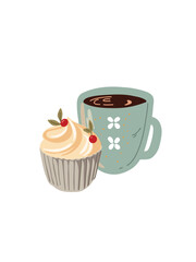 Vector illustration coffee and sweet treat in cartoon style