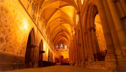 Medieval gothic interior with stained glass and dramatic sunlight