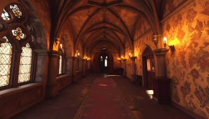 Medieval gothic interior with stained glass and dramatic sunlight