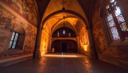 Fototapeta premium Medieval gothic interior with stained glass and dramatic sunlight