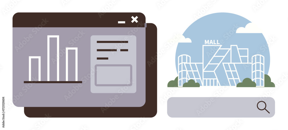Poster web analytics bars and user interface next to modern mall building and search bar. ideal for busines