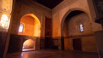 Medieval gothic interior with stained glass and dramatic sunlight