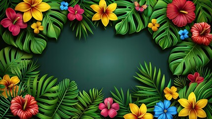 Obraz premium Vibrant Tropical Floral Frame with Lush Green Leaves and Flowers