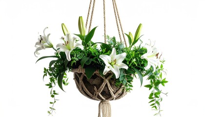 Hanging planter with white lilies and greenery, suspended by macrame cords against a white background