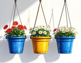 Three hanging flower pots, blue, yellow, and blue, contain red and white daisies against a bright white wall, cast with shadows