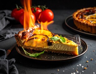 Flaming Slice of Tart with Tomatoes.