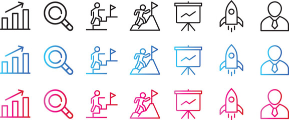 achievement, upward growth arrow, businessperson wearing tie,  rocket launching upward, climbing steps toward flag,  magnifying glass for search, presentation board with graph icon set