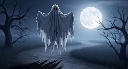A white ghostly figure hovers over a path illuminated by a full moon flanked by gnarled trees