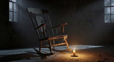 A weathered rocking chair sits in a dimly lit decaying room illuminated by a lone candle