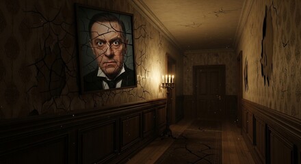 An eerie hallway with cracked walls damaged wallpaper and a portrait of a sternfaced man