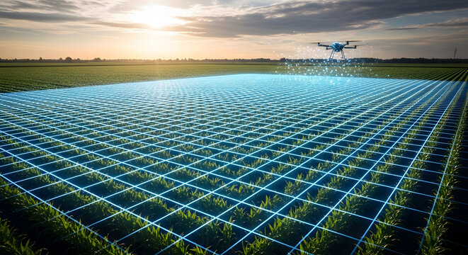Drone Spraying Crops Over a Lush Green Field with Beautiful Sunset Sky