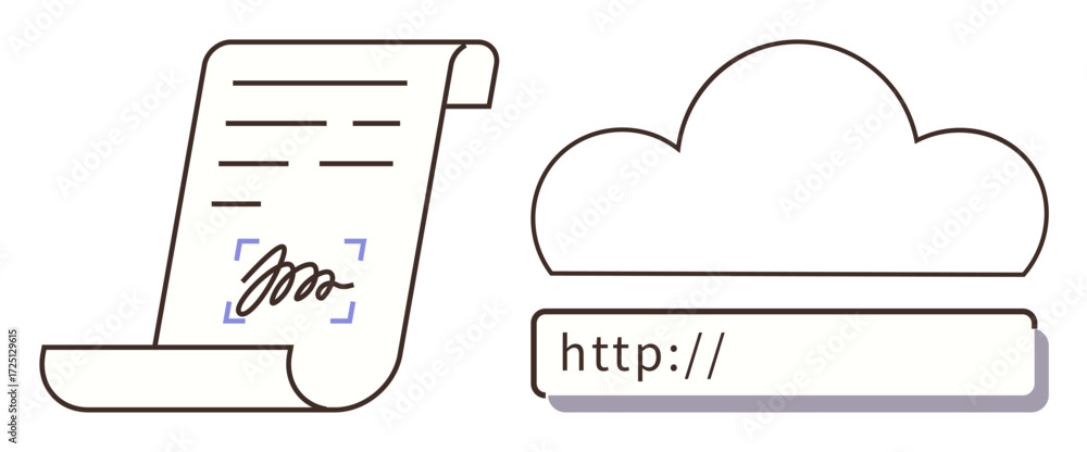 Aufkleber signed document with highlighted signature next to cloud hosting and url bar. ideal for legal, authe